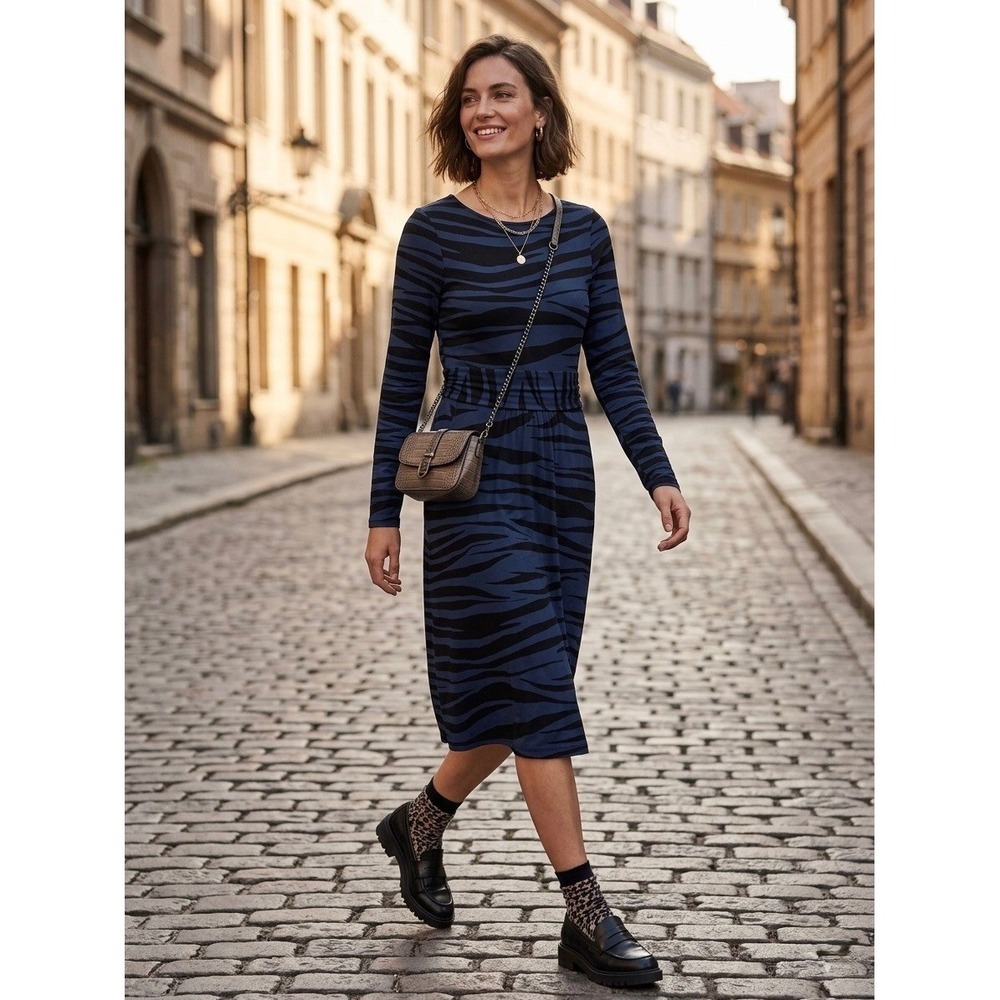 Boden Navy Blue Black Zebra Print Jersey Midi Dress Long Sleeve Pockets US 6R